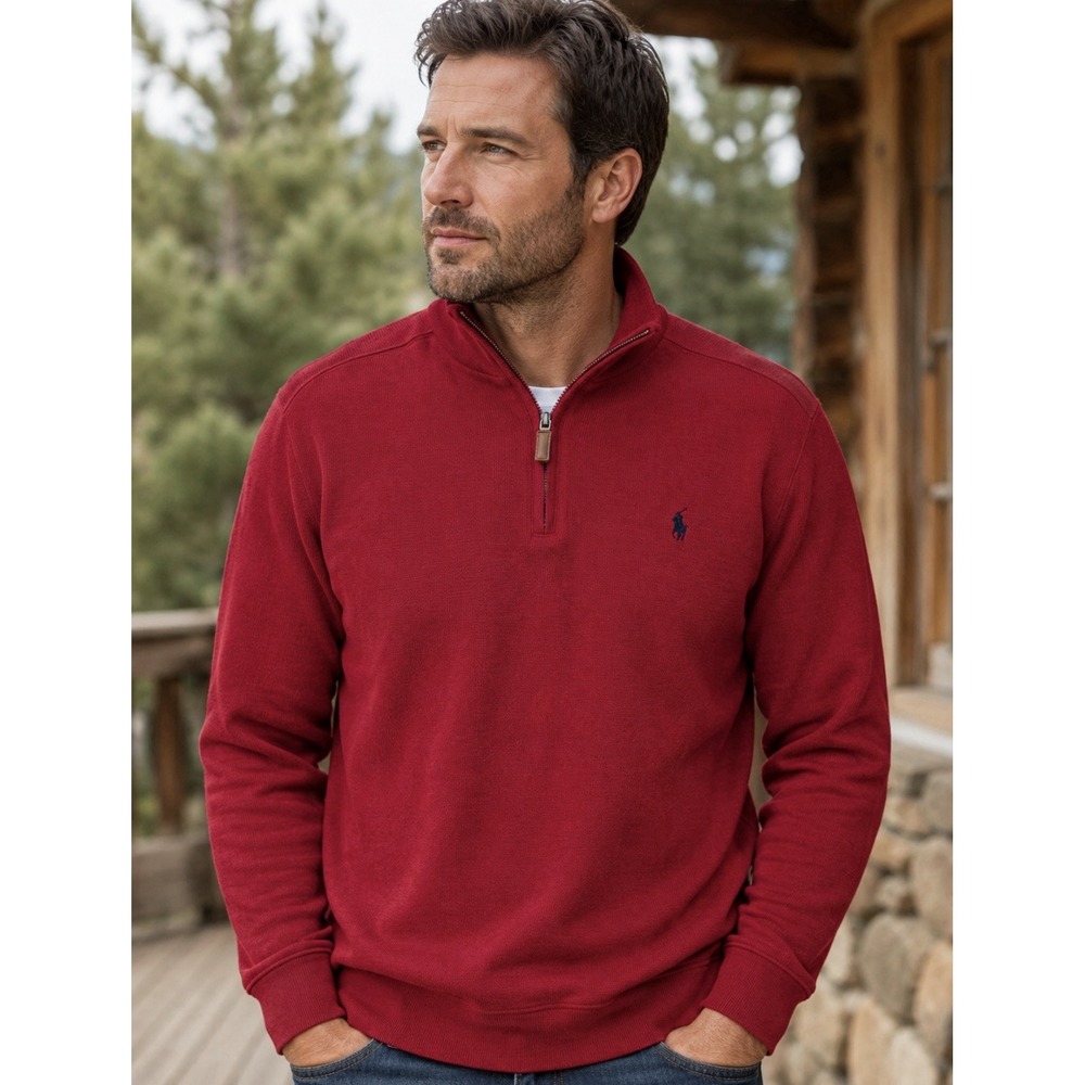 Polo Ralph Lauren Estate Rib Quarter Zip Pullover Sweater Mens Large Red Pony
